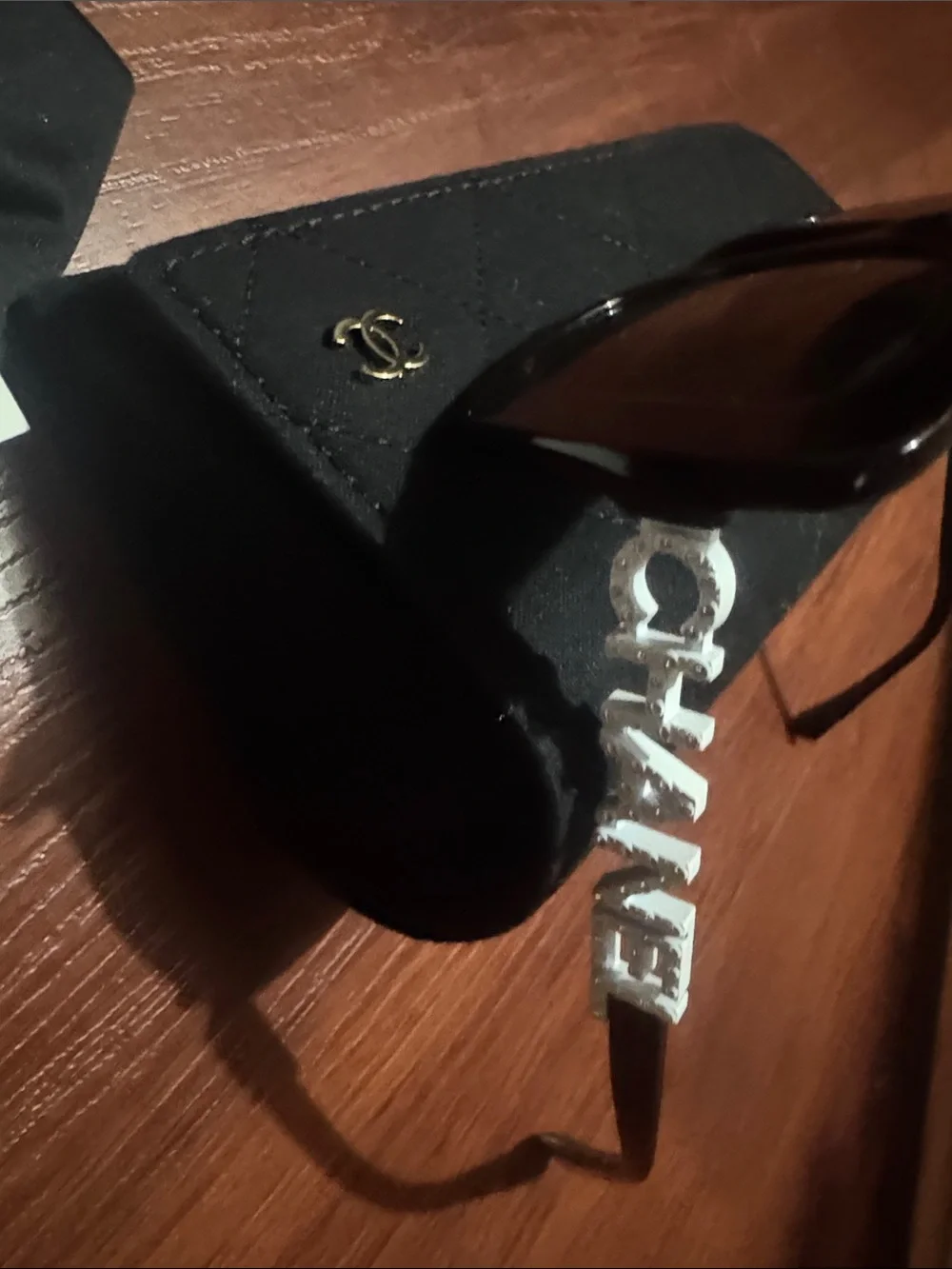 CHANEL Black Quilted Sunglasses Case with Gold CC Emblem